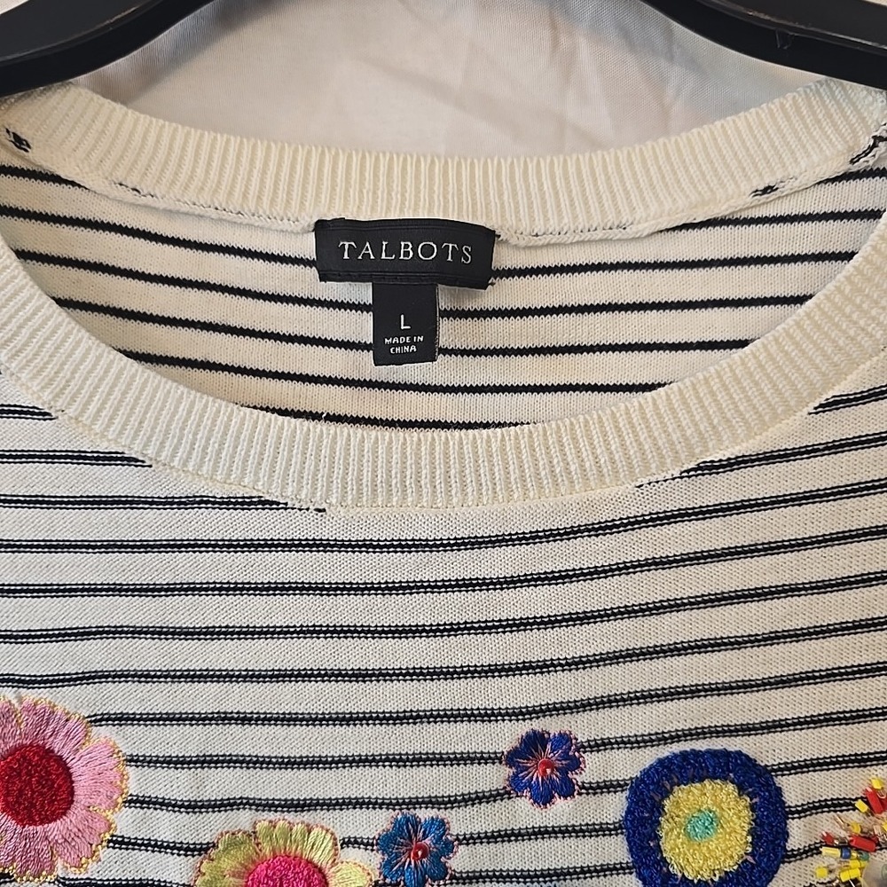 Talbots Women's L Striped 3/4 Sleeve Floral Embroidered Beads Boho Hippie Shirt - Picture 8 of 16